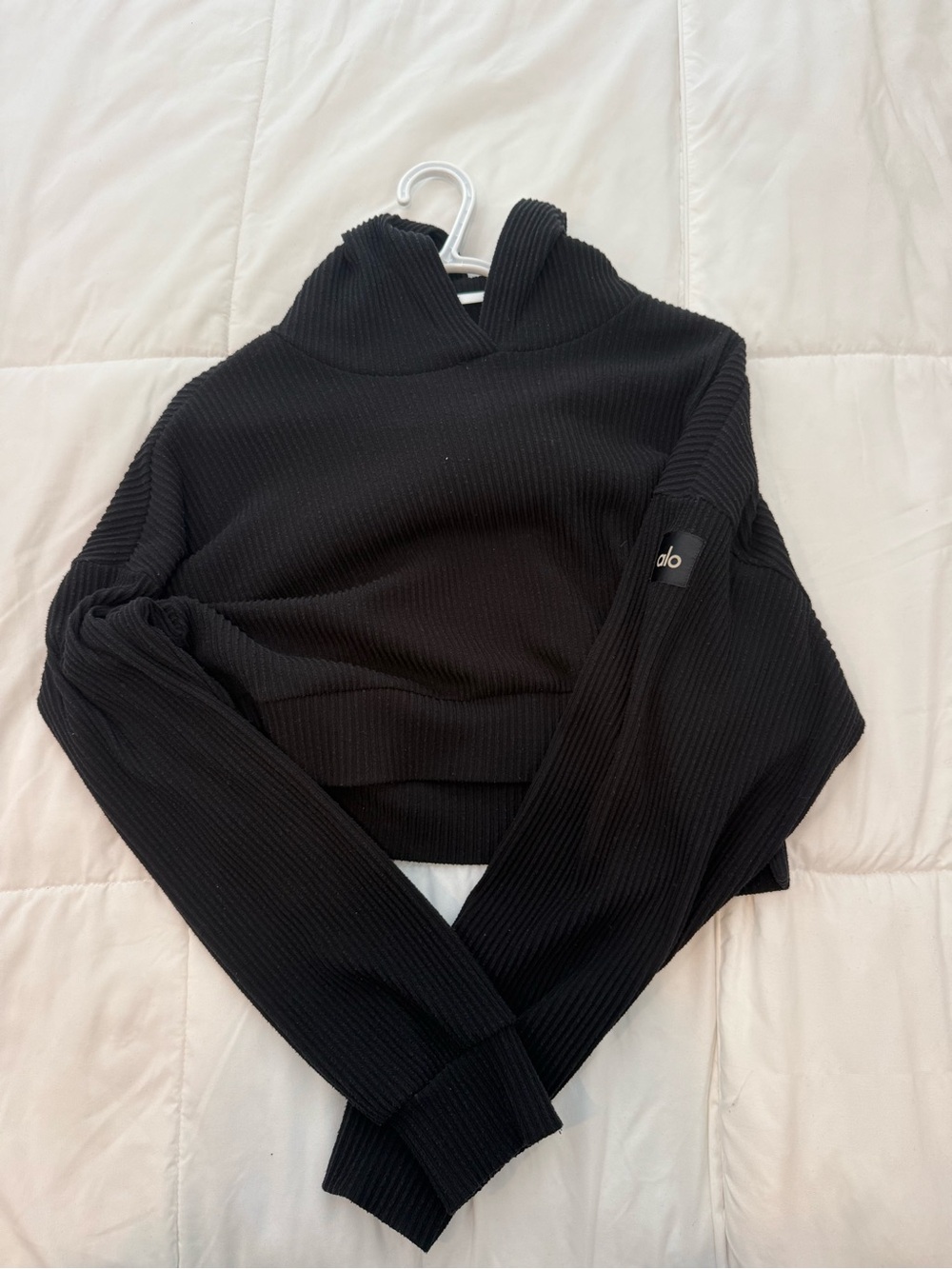 ALO Yoga Black Ribbed Cropped Cowl Hoodie Sweater